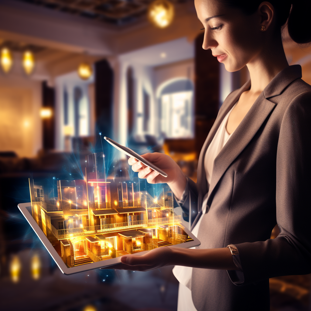 A woman is holding a tablet with a picture of a city on it