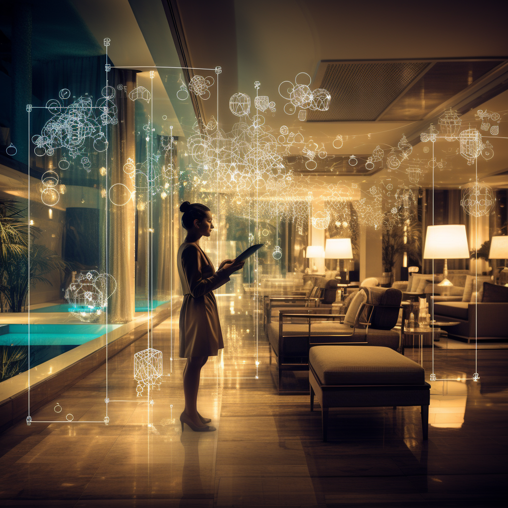 A woman is standing in a living room looking at a tablet