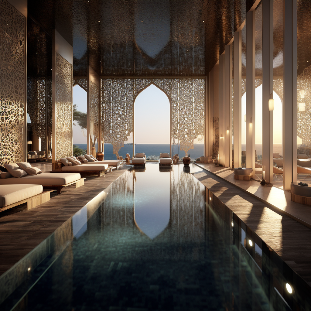 A large indoor swimming pool with a view of the ocean