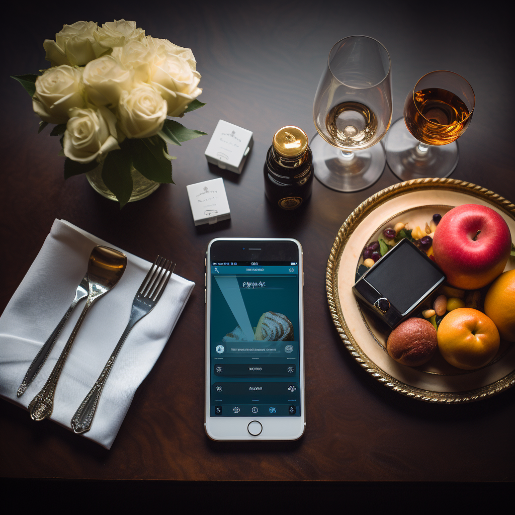A phone sitting on a table next to a plate of fruit