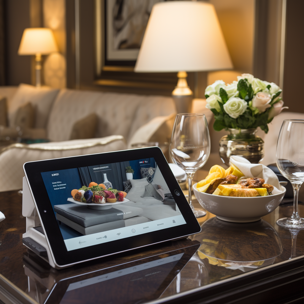 A tablet is sitting on a table next to a bowl of food