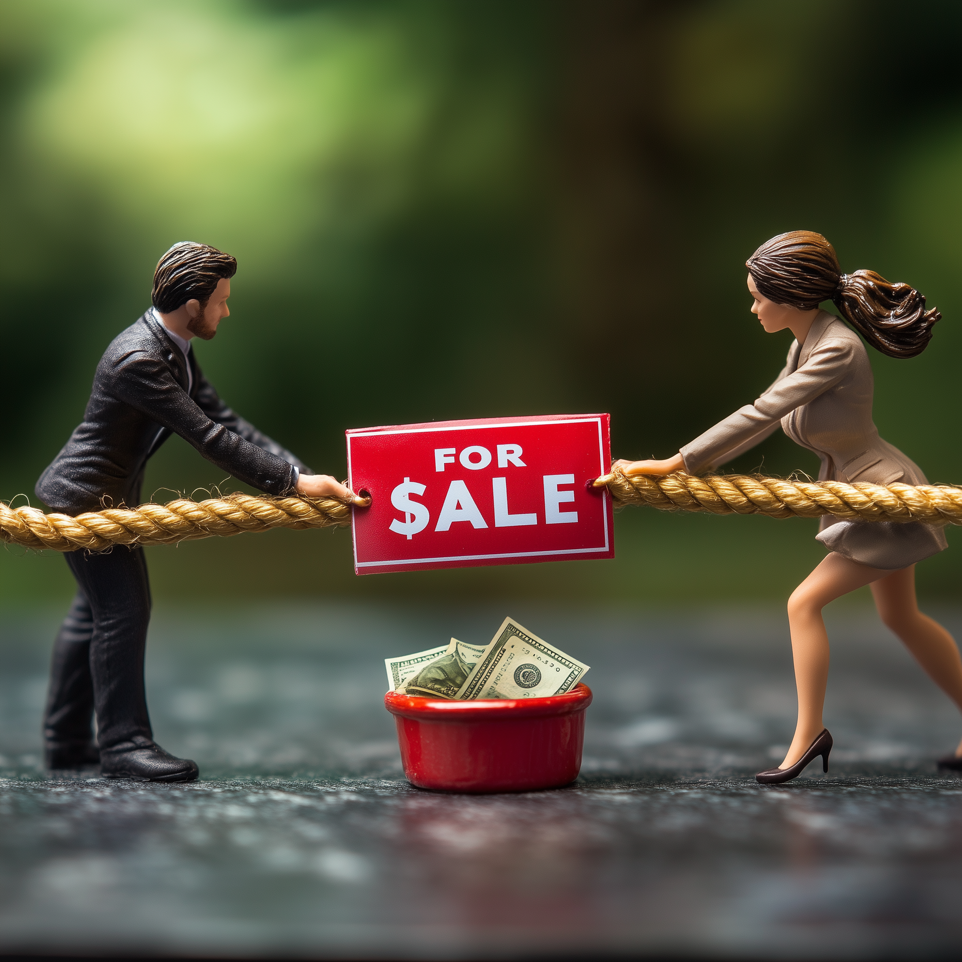 A man and a woman are pulling a rope with a sign that says for sale