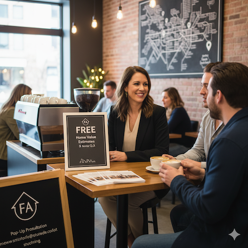 People in coffee shop discussing real estate, seated at table. Sign promotes free home value estimates.