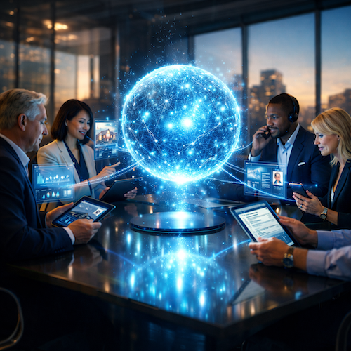 Business team around a table, interacting with digital sphere of data and holograms.