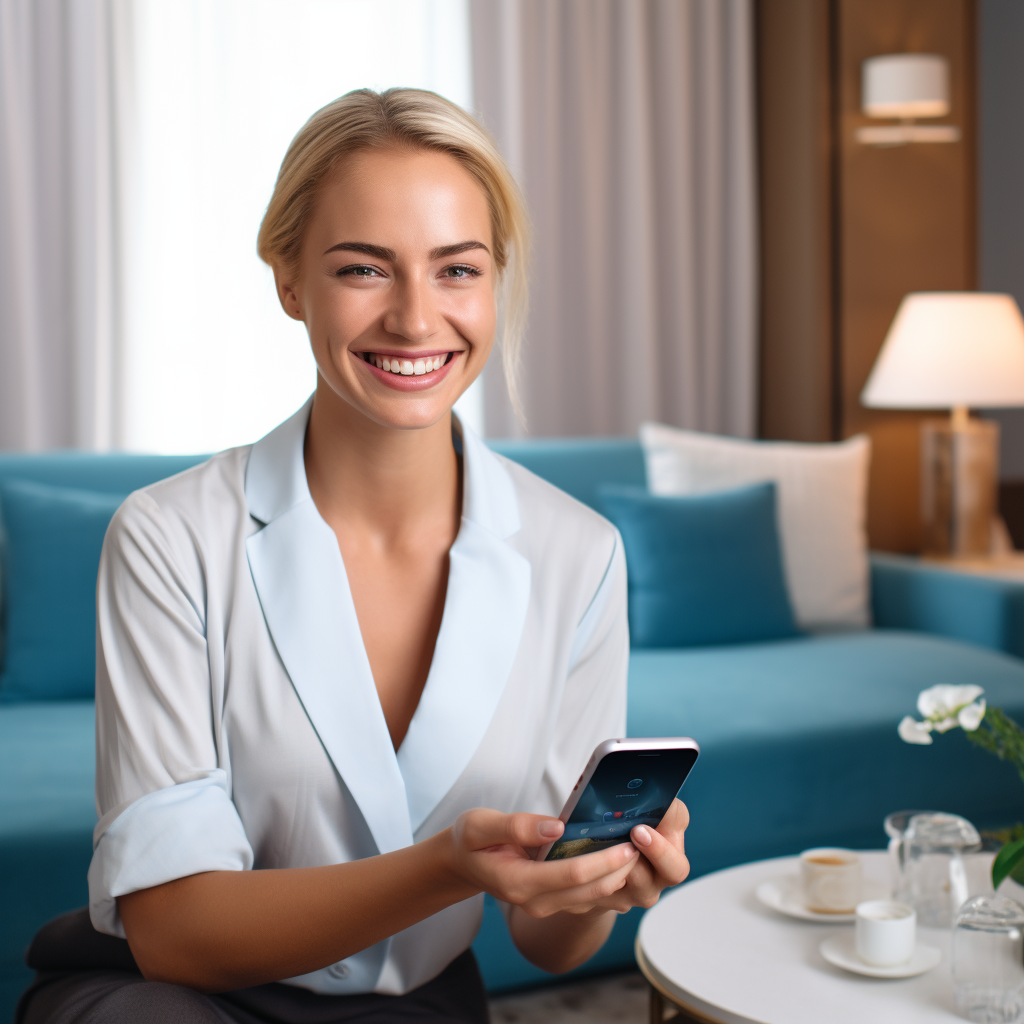 A woman is smiling while holding a cell phone