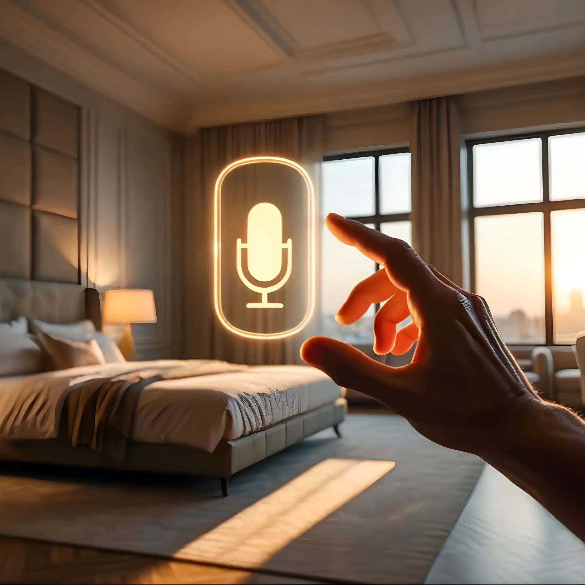 A hand is holding a microphone in front of a bedroom