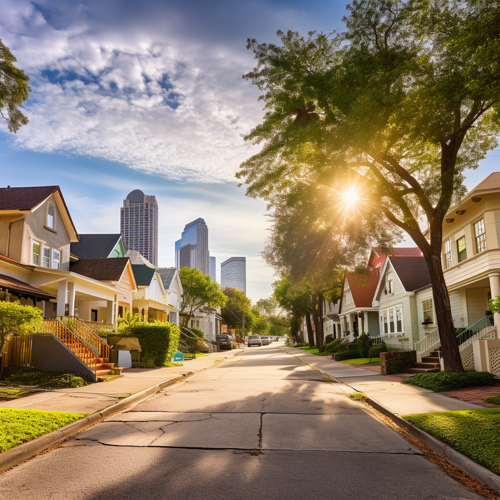 a row of houses on a street with the sun shining through the trees