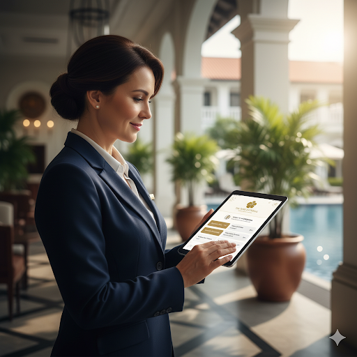 A woman in a suit uses a tablet on a patio overlooking a pool. She's smiling.