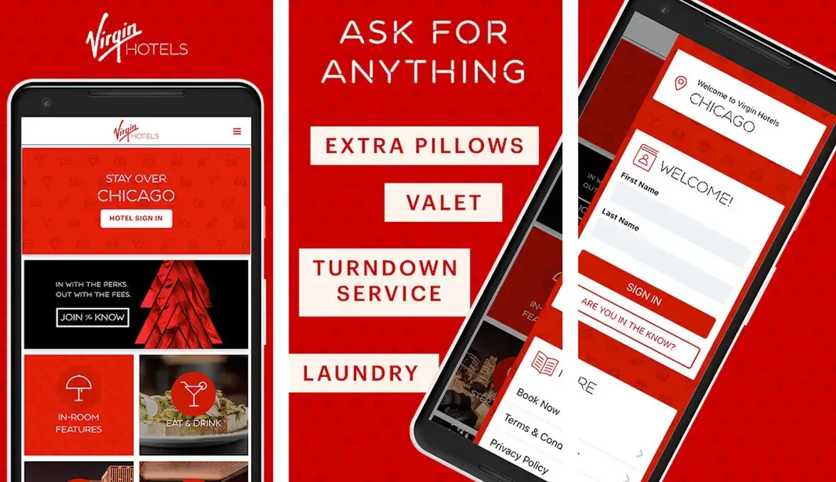 A virgin mobile app allows you to ask for extra pillows , valet , turndown service and laundry.