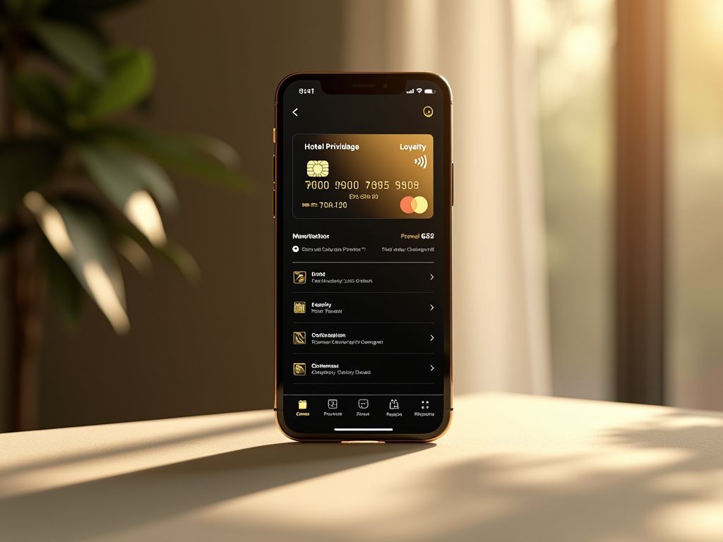 A cell phone with a loyalty card on the screen is sitting on a table.