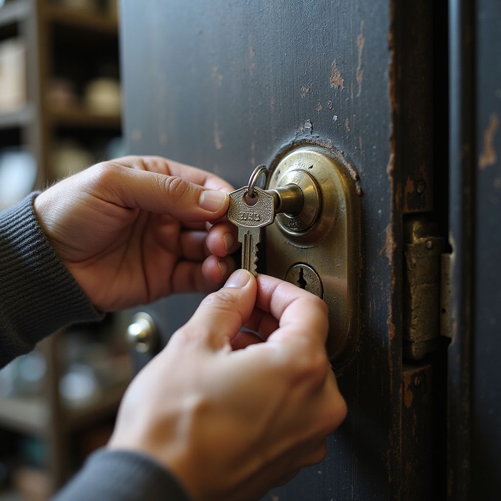 Hands inserting key into a dark, worn door lock.