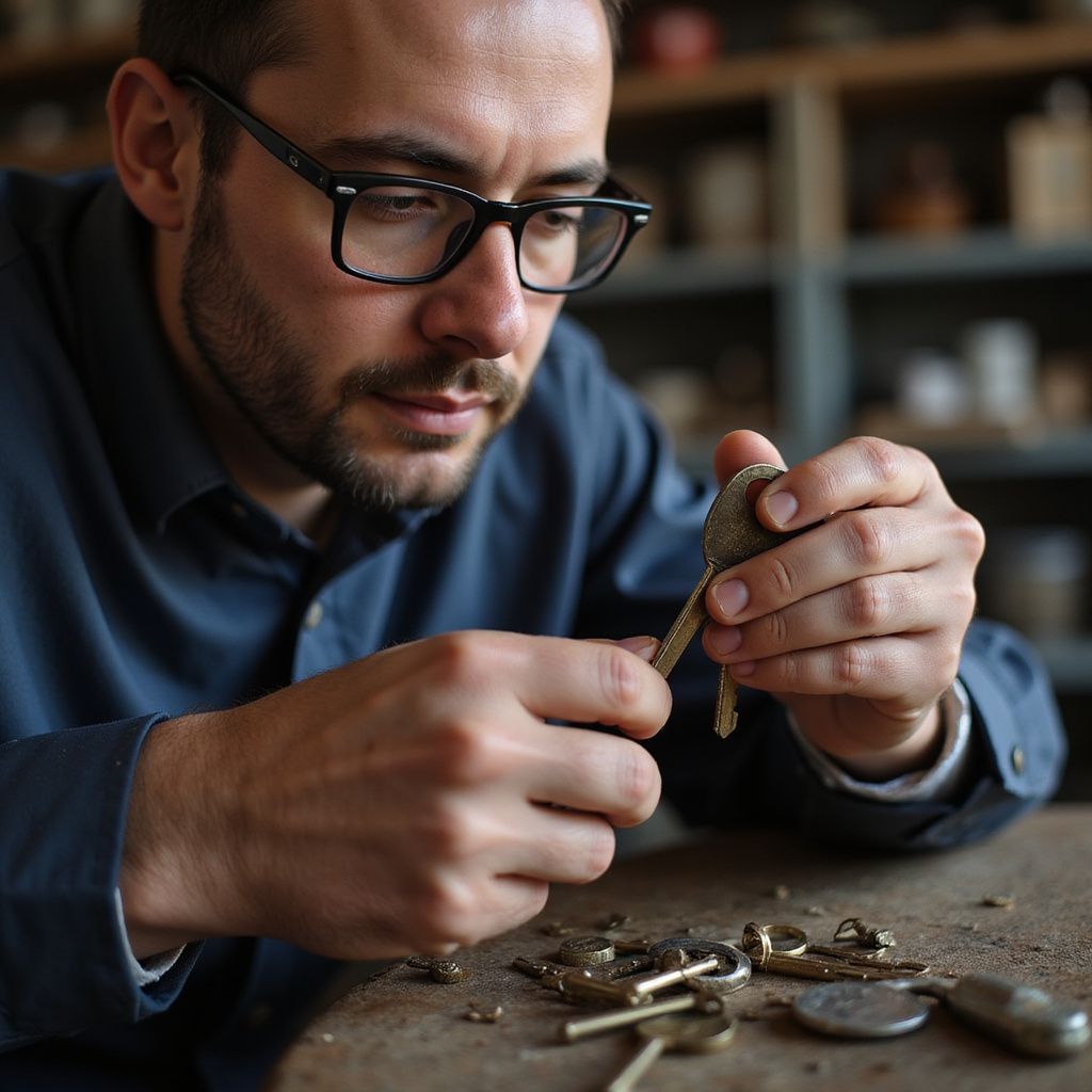 Man with glasses examining keys in a workshop, focusing intently.