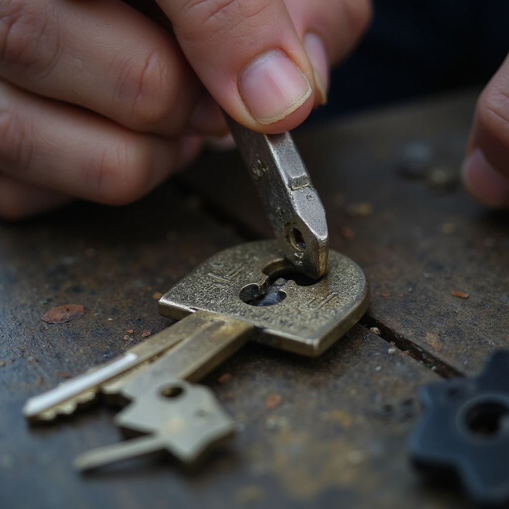 Hands using a tool to unlock a key. Other keys and parts lay on a wooden surface.