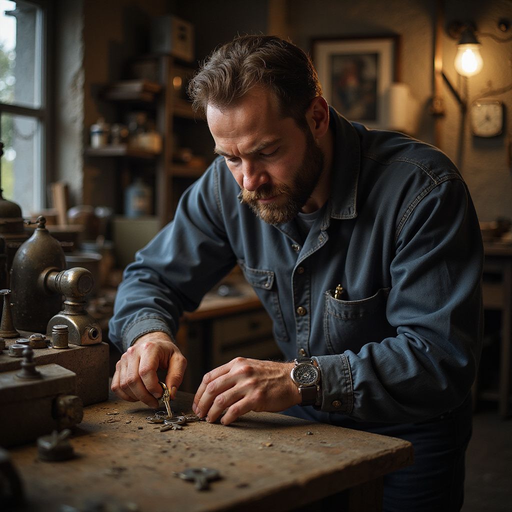 Man in workshop working on small metal parts on a wooden table.