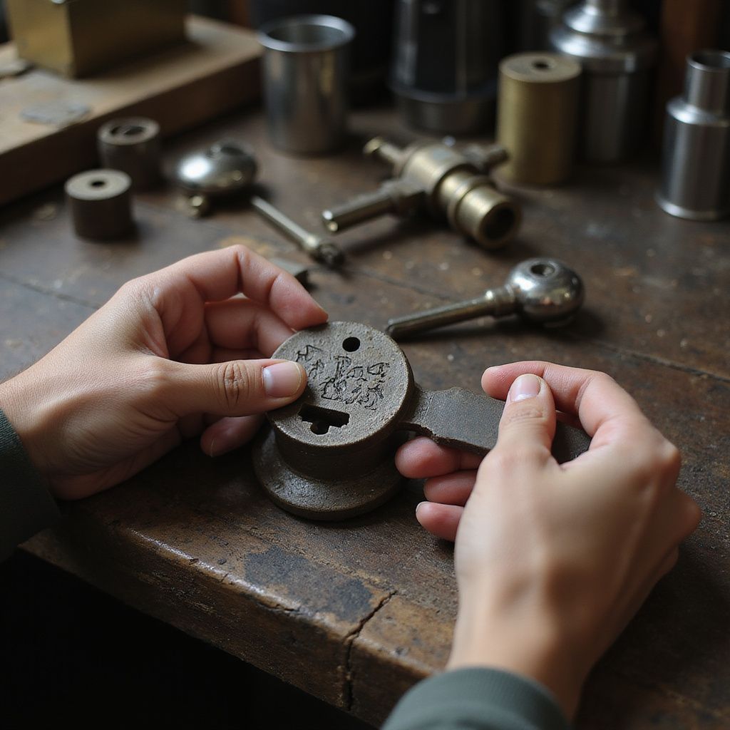 Hands assembling metal parts on a wooden workbench, with tools and components in the background.