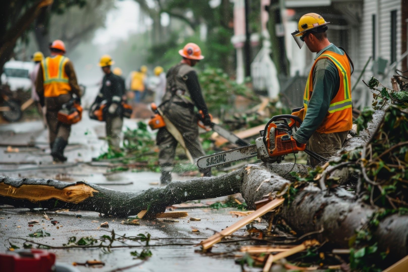 A group of construction workers are cutting down a tree on the side of the road.