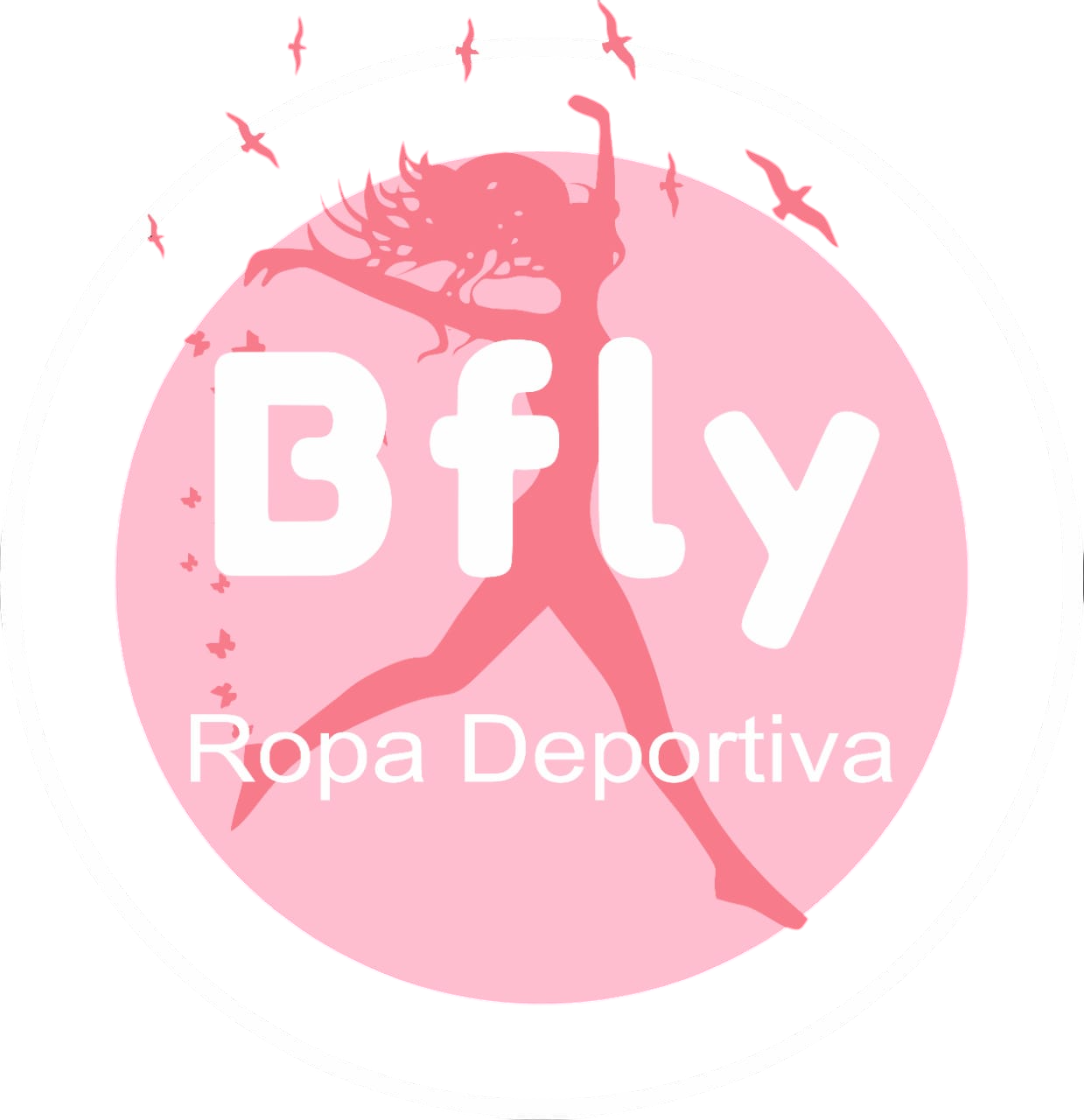 Logotipo de Pink Bfly Ropa Deportiva con la silueta de una bailarina y pájaros.