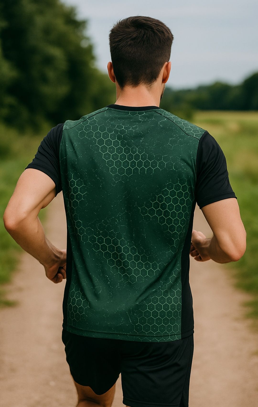 Un corredor con una camiseta negra de Under Armour trota al aire libre por un sendero arbolado.