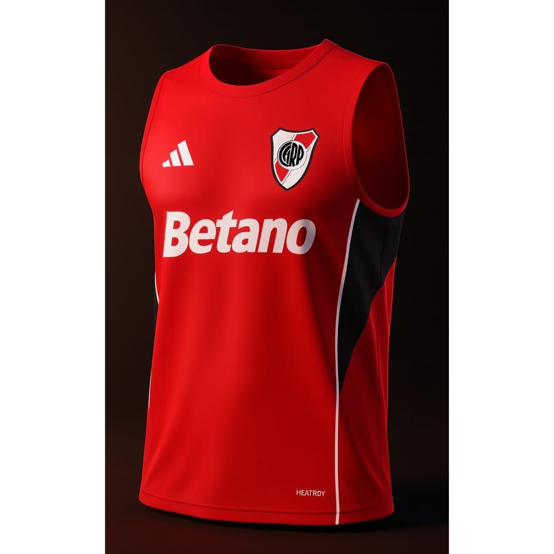 Camiseta de fútbol sin mangas del Red River Plate con el logotipo del patrocinador Betano.