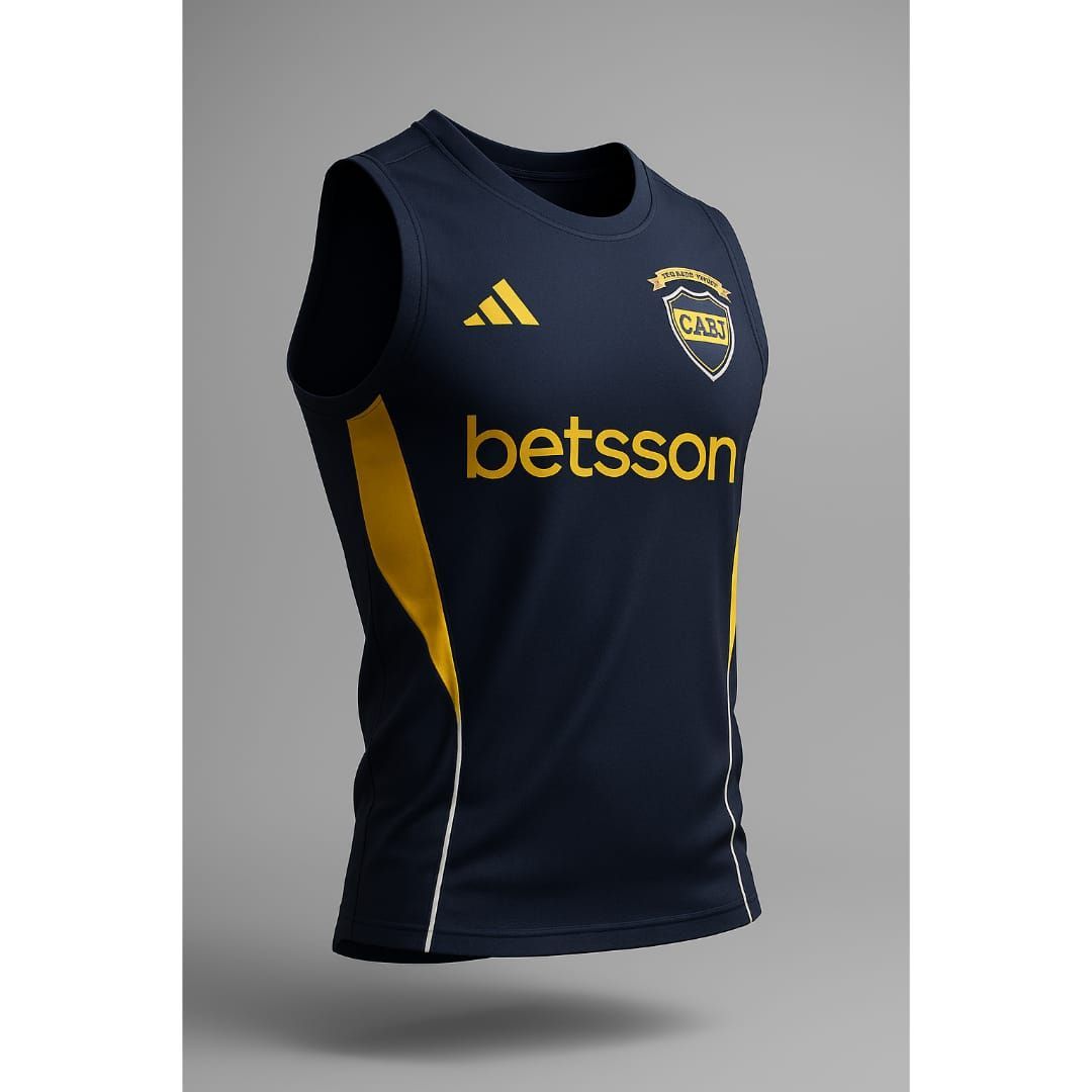 Camiseta deportiva sin mangas azul marino y amarilla con el logotipo del patrocinador