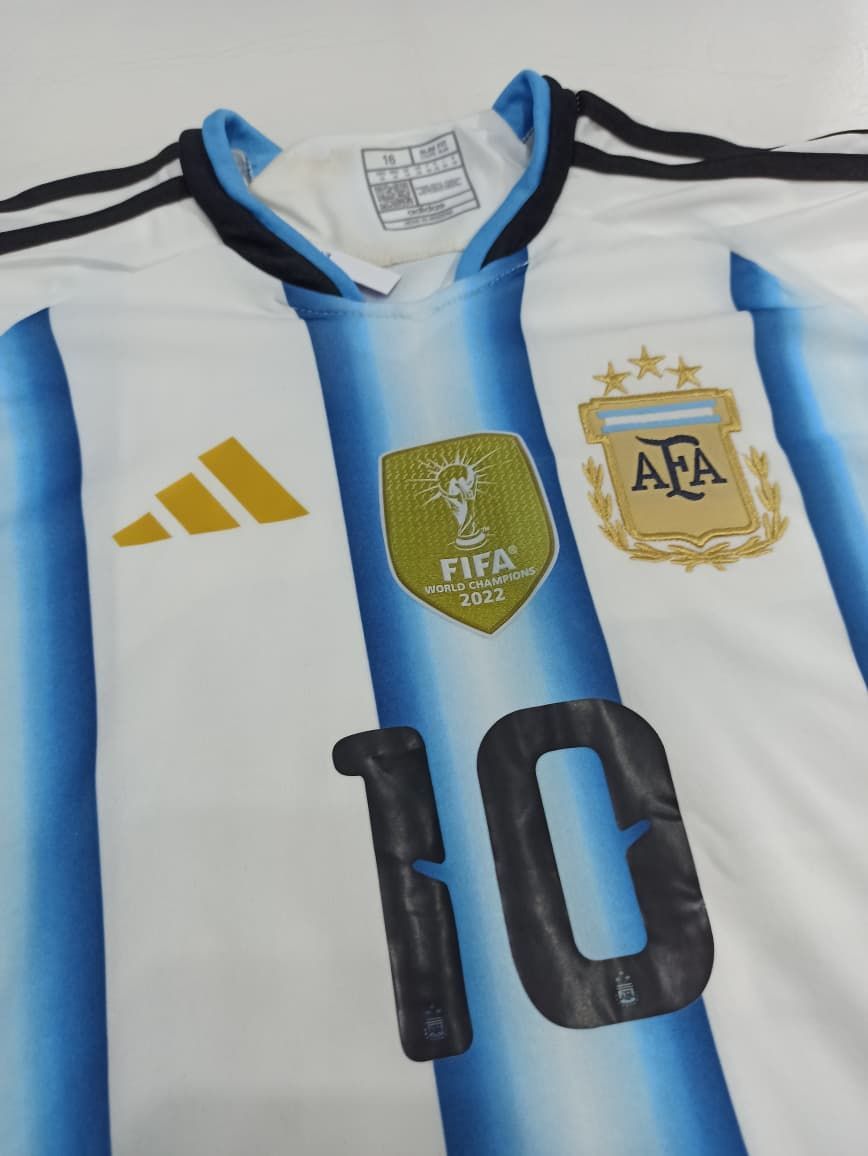 Camiseta de la selección argentina de fútbol, blanca con rayas azul celeste y número 10.