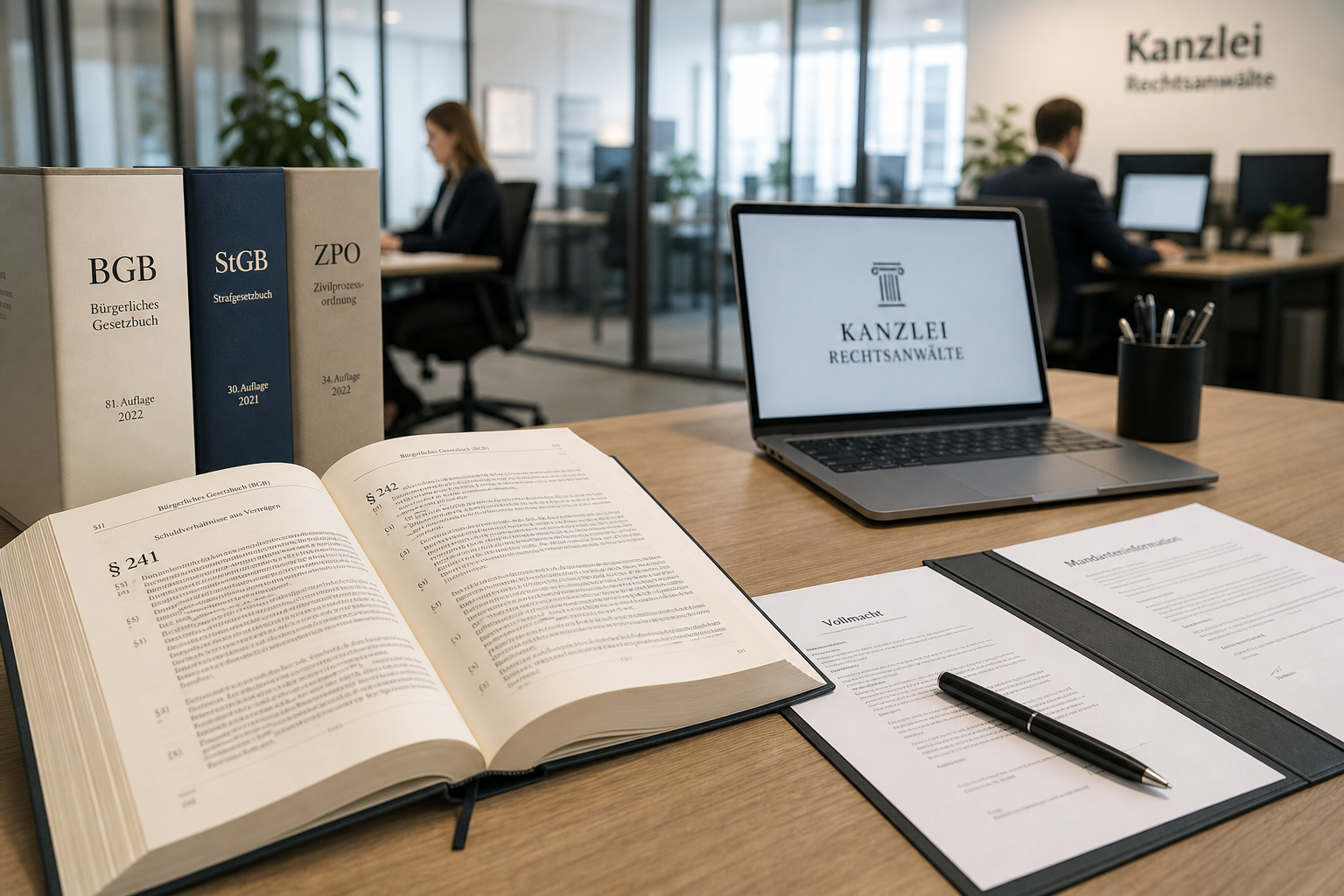 Beschäftigte im Hintergrund. Schreibtisch in einer Anwaltskanzlei mit Gesetzbuch, Laptop, Notizen.