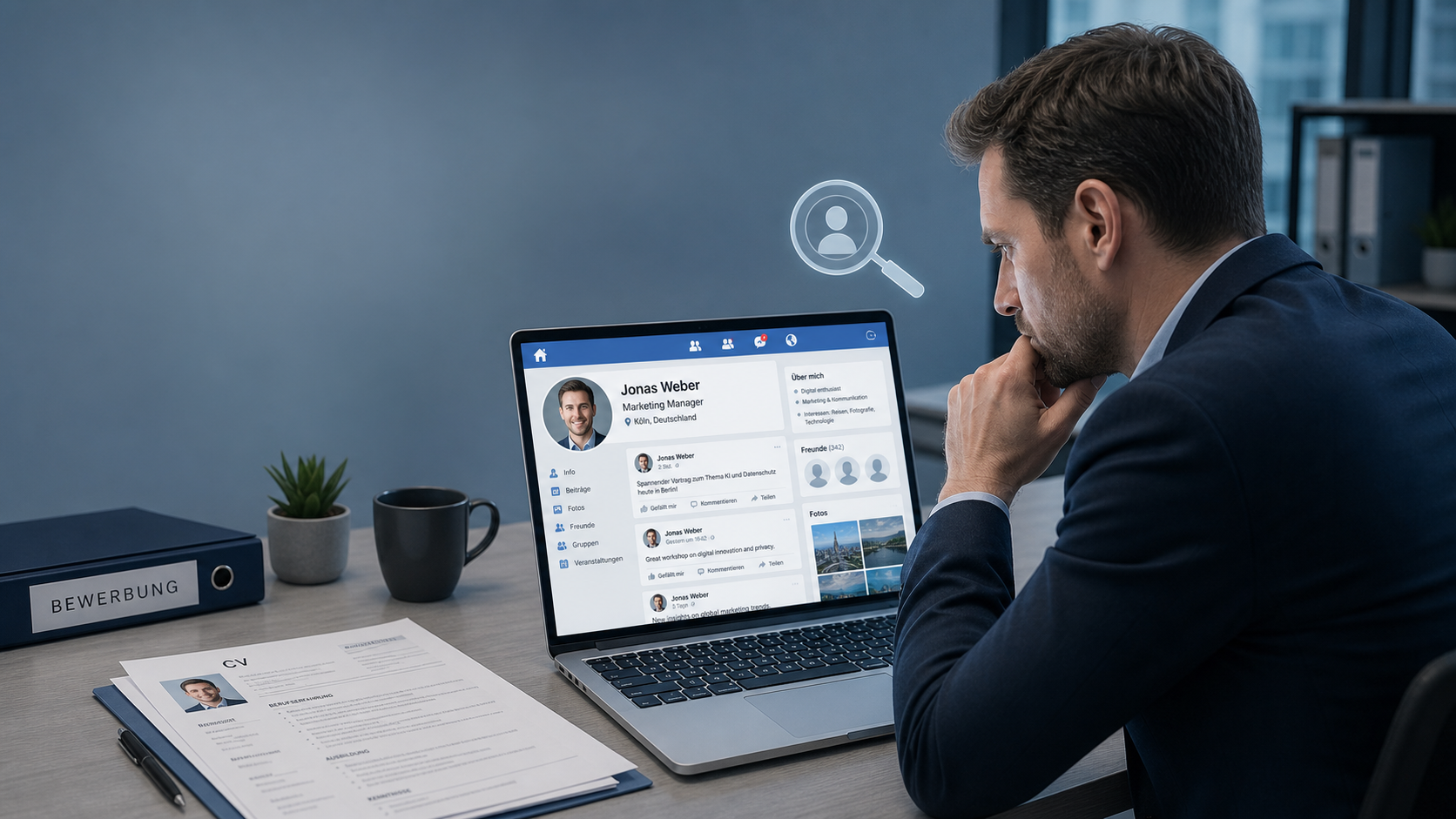 Ein Recruiter, der konzentriert ein generisches Social-Media-Profil auf seinem Laptop durchsucht – neben aufgedruckten Bewerbungsunterlagen auf dem Schreibtisch.
