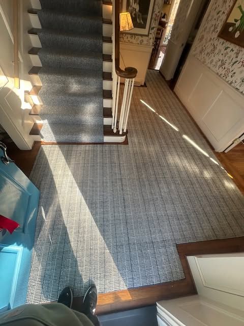 Sunlit hallway with carpeted stairs, wood trim, and a white radiator along the wall