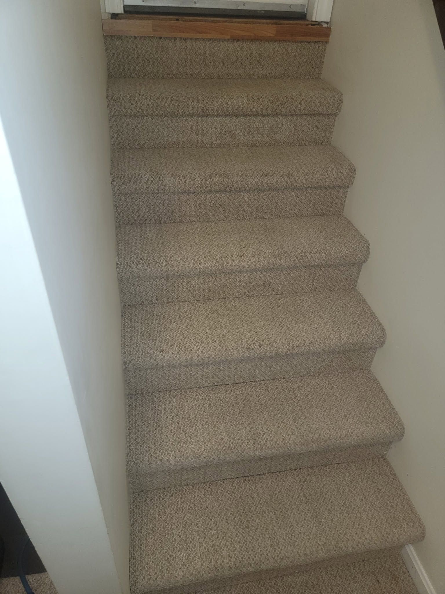 Carpeted staircase with beige steps leading upward indoors