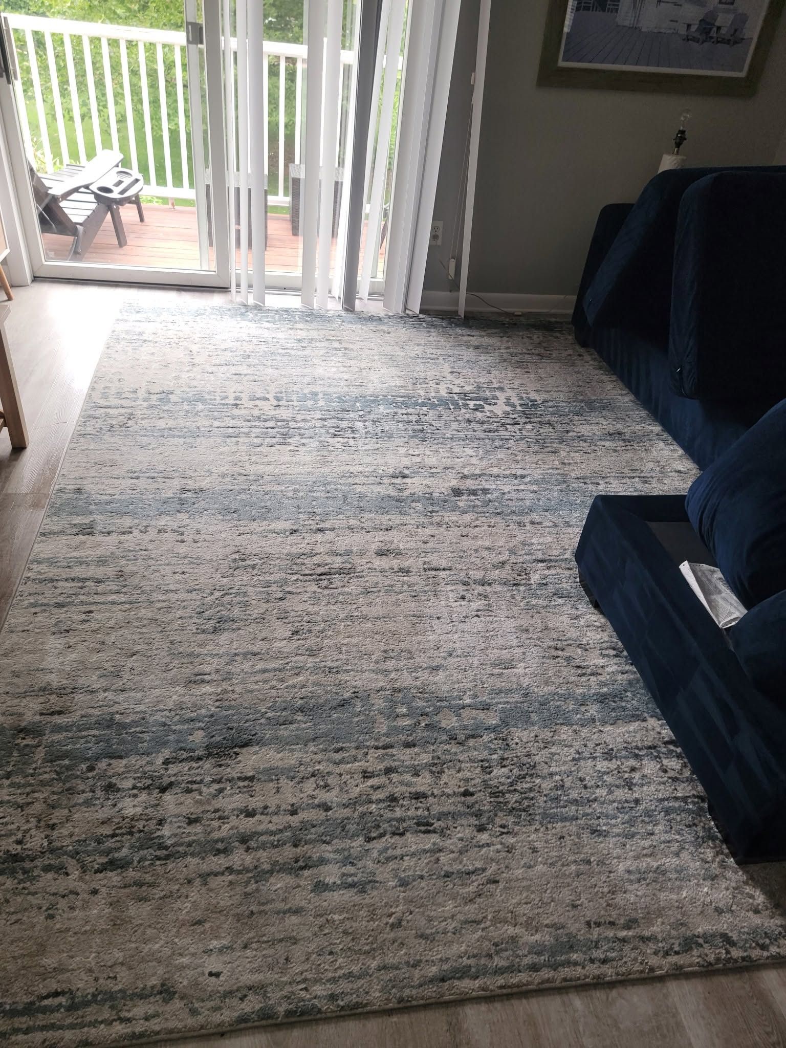 Bright living room with a large rug and open sliding door to a patio with a dog outside.
