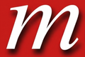 White cursive lowercase “m” on a red background with a subtle shadow