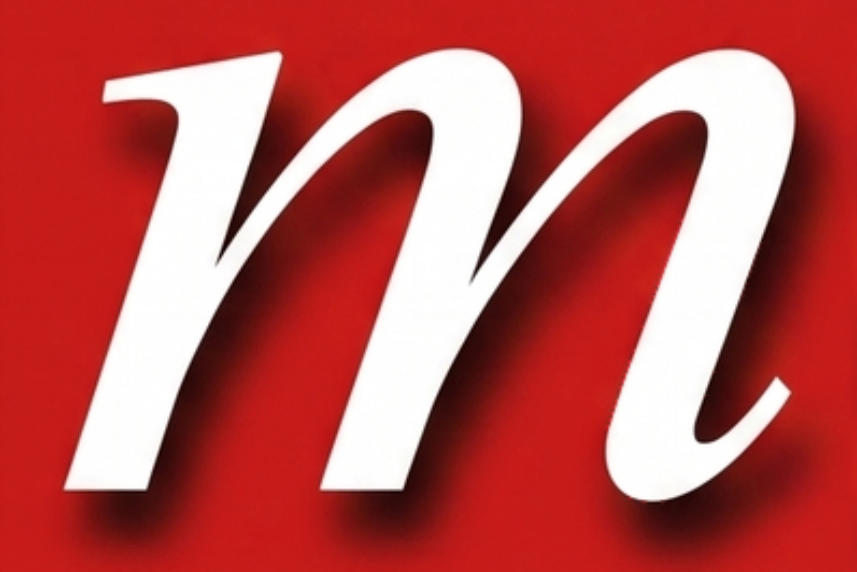 White cursive lowercase “m” on a red background with a subtle shadow
