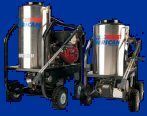 Two stainless steel tanks on wheels on a blue background.