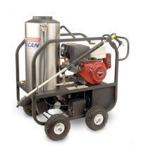 A stainless steel high pressure washer on wheels with a honda engine.
