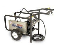 A pressure washer with wheels and a hose attached to it.