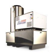 A stainless steel machine is sitting on top of a white surface.