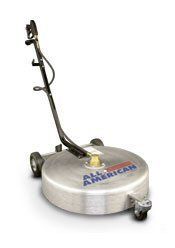 A stainless steel surface cleaner with wheels and a handle on a white background.