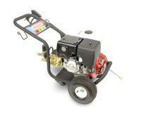 A gas powered pressure washer with wheels on a white background.