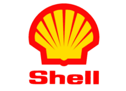 Logo Shell: a forma di conchiglia rossa e gialla con la parola