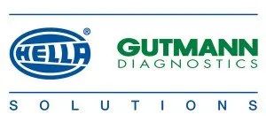 Logo per Hella Gutmann Diagnostics Solutions. Testo blu e verde su sfondo bianco.
