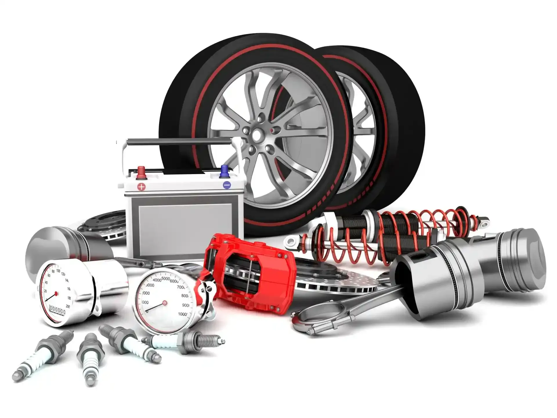 Parti di automobili, tra cui pneumatici, indicatori e una batteria, disposti su uno sfondo bianco.