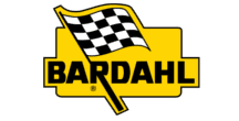 Logo di Bardahl. Sfondo giallo, bandiera a scacchi bianca e nera. La scritta
