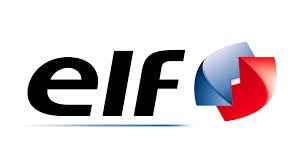 Logo dell'olio degli elfi: testo nero con una forma astratta blu, bianca e rossa.