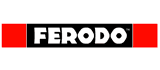 Logo per Ferodo, un marchio con testo bianco su sfondo nero, incorniciato da blocchi rossi.