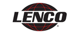 Logo Lenco: testo nero su striscia bianca, sopra una sfera nera con linee di griglia rosse.