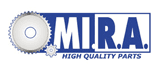 Logo per MIRA High Quality Parts, con icone di ingranaggi e testo blu e bianco.