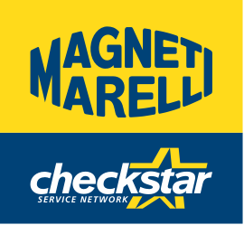 Logo di Magneti Marelli, testo blu all'interno di un rettangolo giallo arrotondato, con la scritta