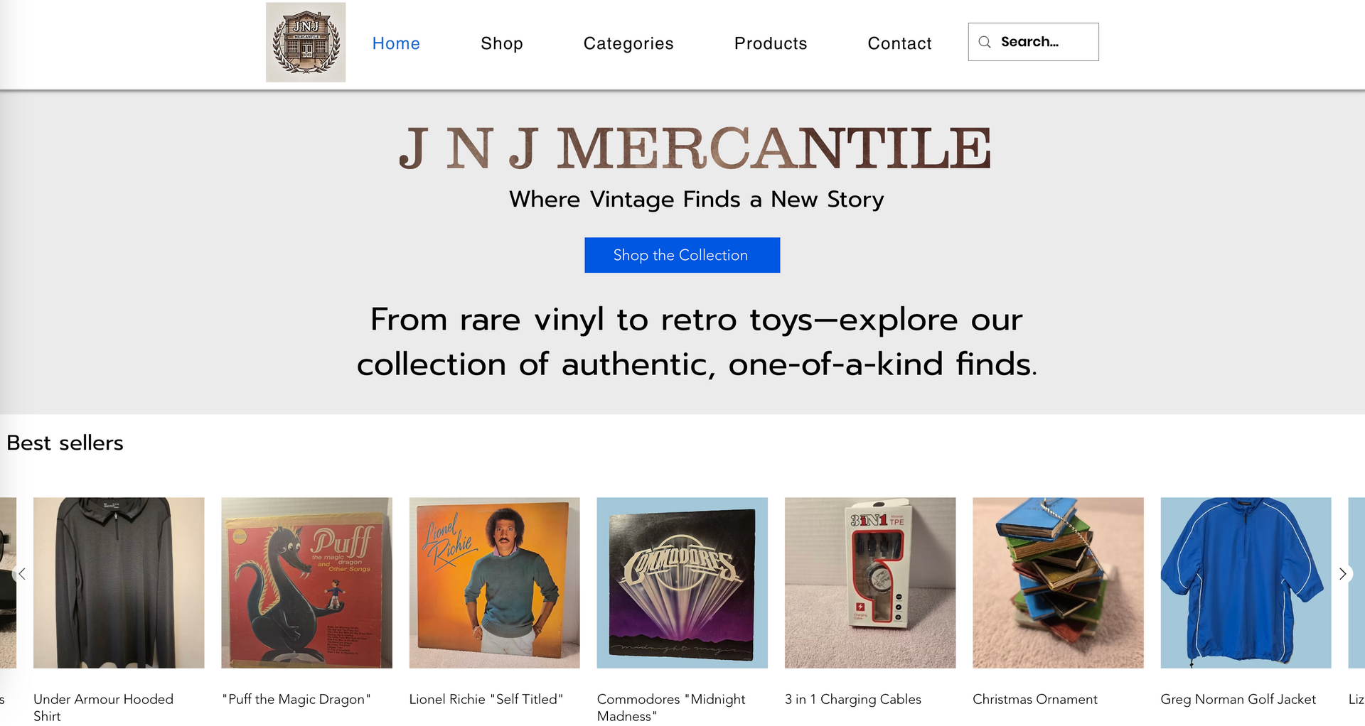 J.N.J Mercantile online shop homepage with product gallery and blue “shop now” button