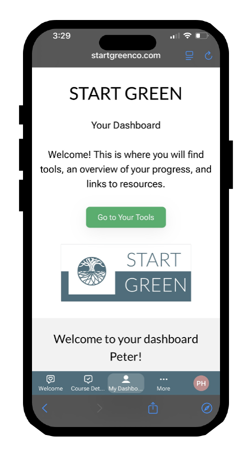 Smartphone displaying the Start Green dashboard, welcoming Peter, with a