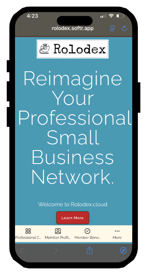 Mobile phone displaying Rolodex website: blue background with white text promoting a professional small business network.